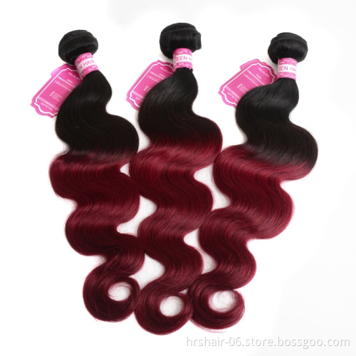 Wholesale 100% Unprocessed Brazilian Human Hair Weaves Body Wave Extension 9A Ombre Hair Bundles 1B/Burg Color hair weft